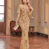 XUIBOL Luxury V-neck Short sleeves Sequins Formal Evening Dress For Women 2024 Mermaid Elegant Party Mermaid Cocktail Prom Gown