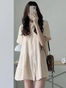 Onalippa Girly Sweet Loose Shirt Dress Lapel Short Sleeve Single Breasted Pleated Layering Short Dresses Women Summer Lovely - Image 5