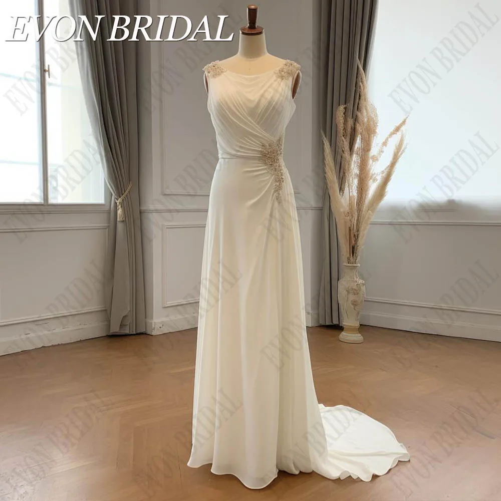 EVON BRIDAL Luxury Dubai Evening Dresses Elegant Sleeveless Beaded Chiffon Ivory A Line Wedding Party Prom Gowns فساتين السهرة