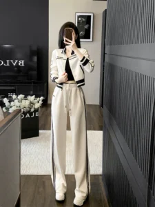 Korean Version White Sports and Casual Set Women's Autumn 2023 New Slim Standing Neck Zipper Top Wide Leg Pants Two Piece Set2XL - Image 3