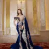 Velvet Royal Blue Mermaid Evening Dresses Beads Long Sleeves High Neck Birthday Party Prom Gowns with Shawl Custom Made