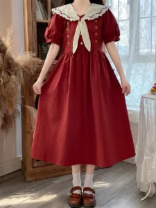 Preppy Style Red Fairy Girly Elegant Dresses Women Japanese Style Sailor Collar Tid Floral Embroidery Short Sleeve Woman Dresses - Image 2
