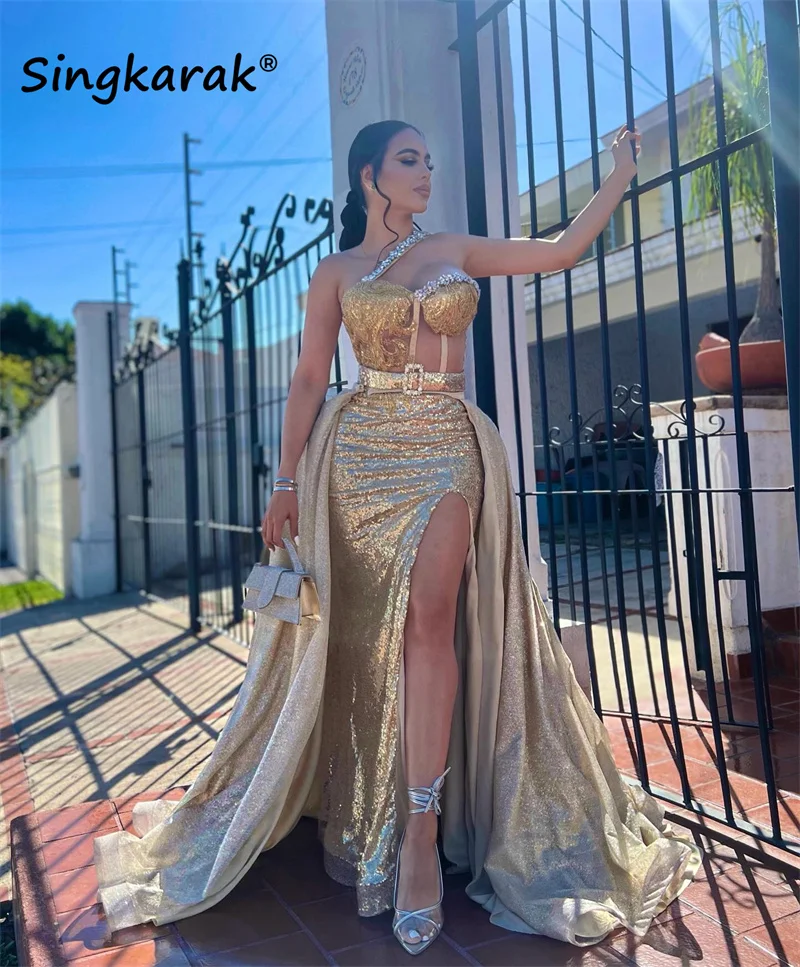 Glitter Gold Mermaid Evening Dresses Sexy Side Slit Shiny Beading Sequins Rhinestones Wedding Party Banquet Dance Gowns Vestidos