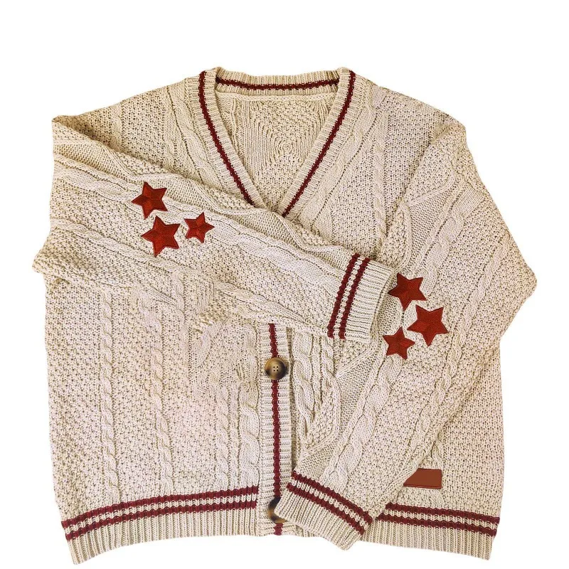 Deeptown Vintage Beige Swift Knit Sweater Women Y2K College Taylor Oversize Star Embroidery Cardigan Folklore Knitted Jumper - Image 4
