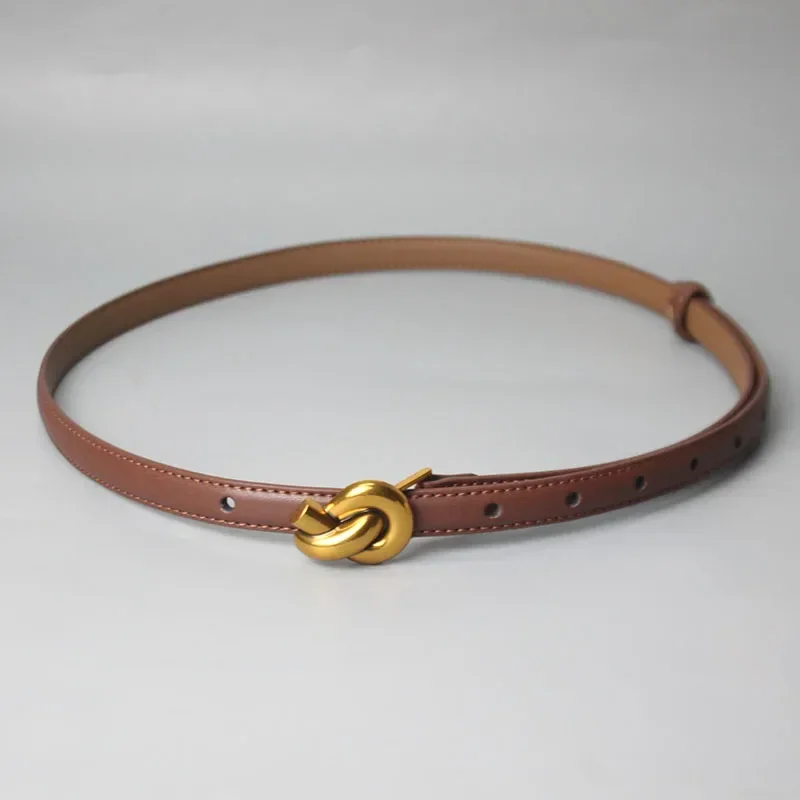 Women Genuine Leather Belt Gold Knot Buckle Waistband Thin Belts for Dress Jeans