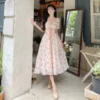 Korean Fashion Summer 2023 Chiffon Lace Fairy Dress Retro Square Neck Crushed Flowers Princess Sleeve High Waist Sweet Dress - Image 2