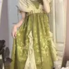 2023 Summer Fairy Green Evening Dress Vintage Elegant V Neck Floral Lace Ruffles Midi Dress A Line Fluffy Sleeve Prom Party Gown