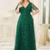 Plus Size Evening Dresses Long A-LINE Deep V-Neck Half Sleeves Floor-Length Gown 2024 Ever Pretty of GauzeDark Green Women Dress