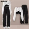 Women's Tracksuit Suit 2023 Autumn New Fashion Short Sweater Strap Cargo Pants Three Piece Korean Elegant Matching Set - Image 3
