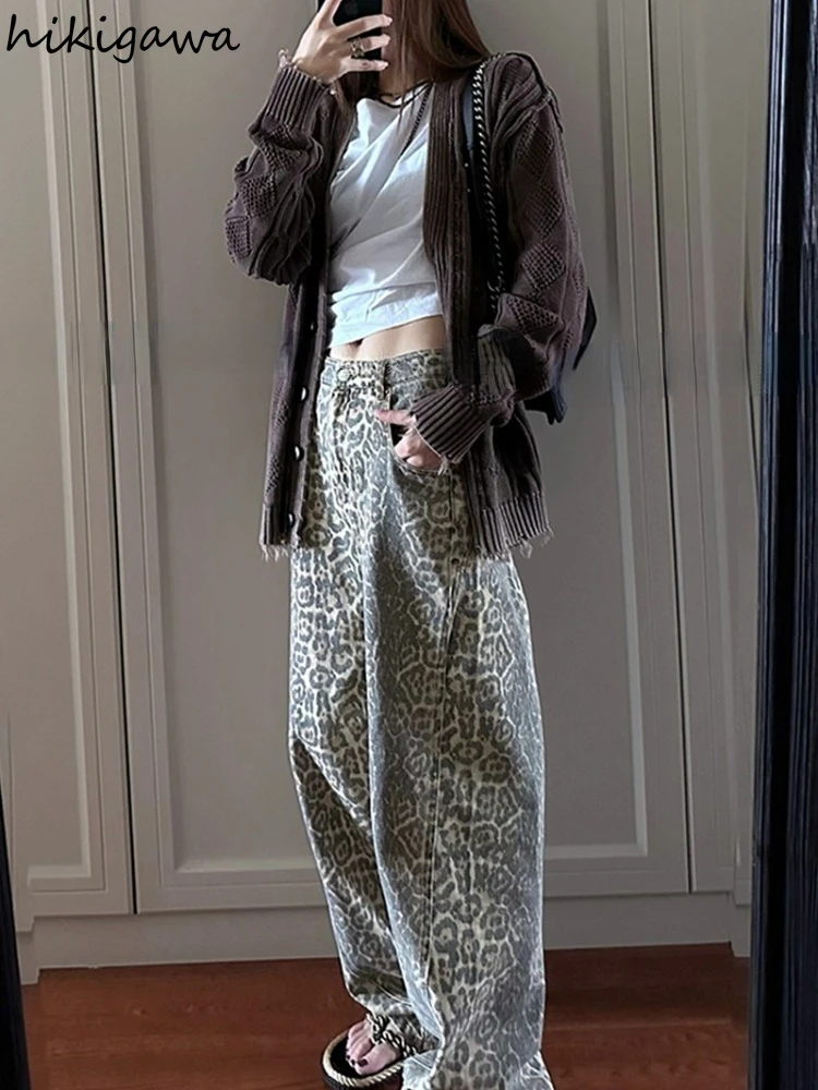 Harajuku Leopard Jeans New Bottoms Fashion Y2k Wide Leg Pants Vintage Straight Trousers High Waist Casual Fashion Denim Trousers