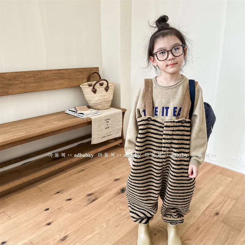 Children Warm Casual Pants 2023 Autumn and Winter Korean Style Lamb Wool Suspenders for Girls and Boys Loose Jumpsuit