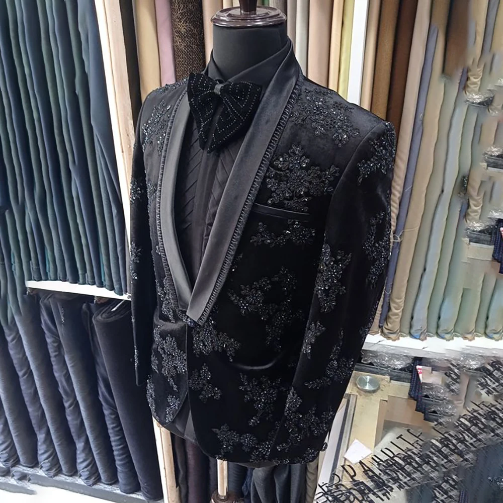 Elegant Beaded Appliques Men Suits Groom Tuxedos 2 Pieces Wedding Dinner Luxury Bridegroom Blazers Male Bespoke Ternos Completo