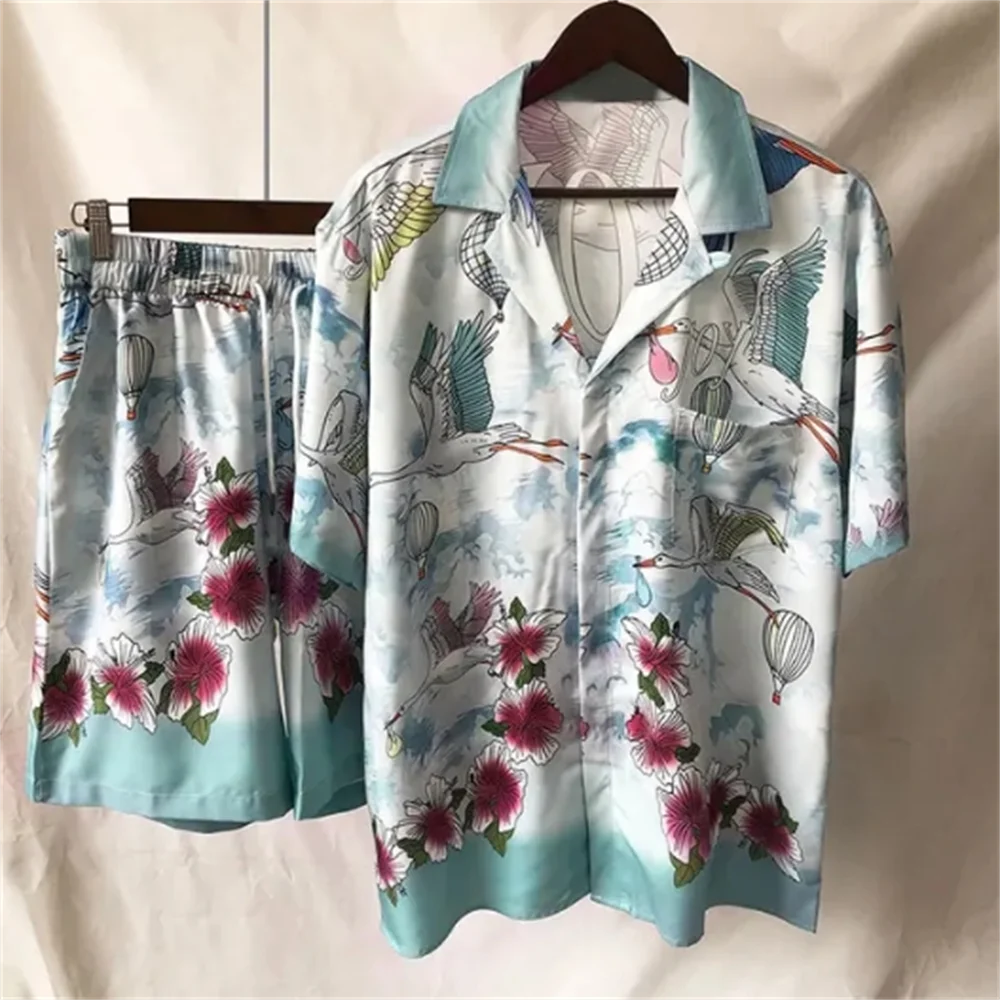 Floral Colorblock Portrait Print Short-sleeved Shirt Set Short Top For Men Casual Set High Quality Lapel Streetwear Shirt Suit - Image 2