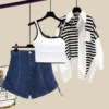 Spring and Summer Suit Women's 2023 New Korean Version Sunscreen Shirt Suspender Vest Denim Shorts Three-piece Set - Image 3