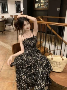 Deeptown Y2k Korean Style One Piece Floral Dress Women Vintage Elegant Layered High Waist Black Long Slip Fairy Dresses Summer - Image 4