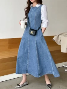 Denim Summer Sleeveless Vests Dress Women Slim Casual Fashion Ruffle Ladies Dresses Korean Style Pleated Woman Long A-Line Dress - Image 2