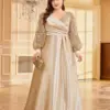 Lucyinlove Plus Size Luxury Gold V-Neck Sequin Evening Dress Elegant Women Party Maxi Dress Long Sleeve Cocktail Dress Prom Gown