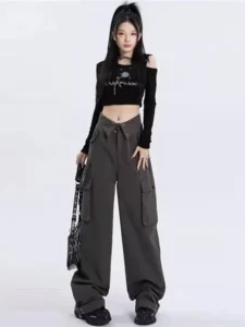 2024 Hip Hop Y2K Cargo Pants Women Streetwear Harajuku Big Pockets Casual Trousers Korean Loose High Waist Design Solid Pants - Image 2