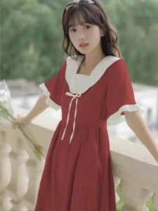 Japanese Mori Girly Preppy Style Lolita Fairy Women Dress Elegant Summer Sailor Collar Bow Waist Short Sleeve Mid-Calf Dresses - Image 5