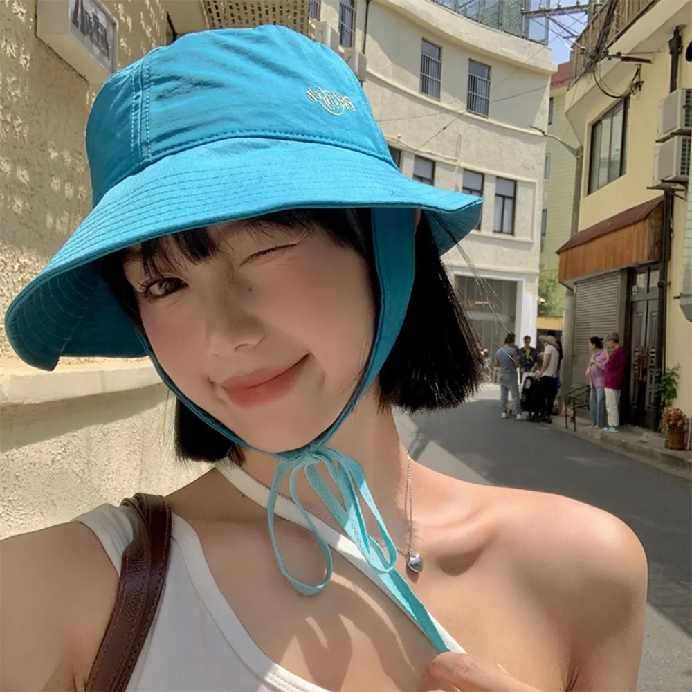 Korean Strap Bucket Hats Women Summer Thin Breathable Sunshade Sun Protection Sweet Versatile Basin Caps Fisherman Hat