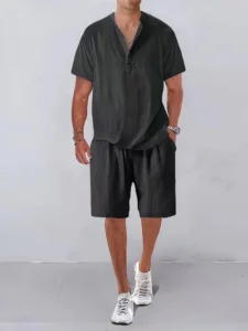Summer new European and American men's beach style solid color casual short-sleeved shorts suit casual T-shirt shorts suit - Image 3