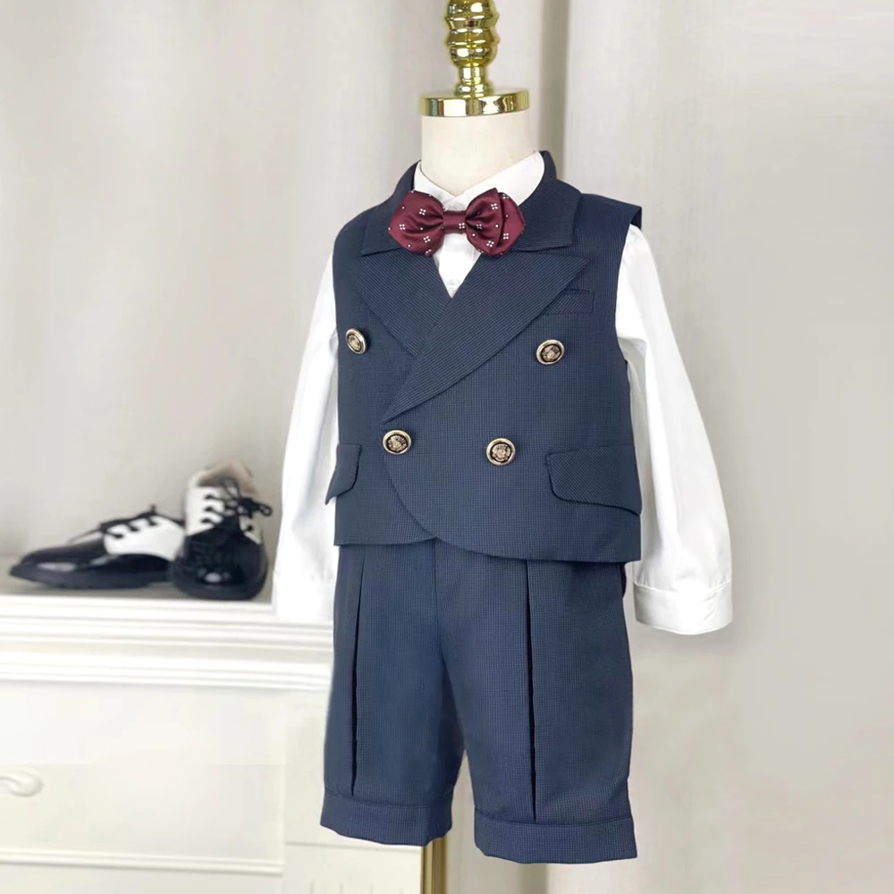 Boys Tuxedo Children Formal Wedding Suit Kids Grey grid Vest Short Botwtie Suit Flower Boys Birthday Party Dress Costume