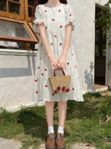 Preppy Style Strawberry Embroidery Fairy Girly Elegant Summer Long Dresses For Women Sweet Short Sleeve Dress Student Clothing - Image 5