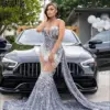 Sparkly Sequin Prom Dresses For Black Girls 2024 Luxury Crystals Mermaid Evening Gowns With Train African Women Party Dress
