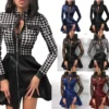 Women's Dress Sexy Lace Mesh Long Sleeve Patchwork Stand Neck Party Dress Elegant Office Zipper Pockets PU Leather Mini Dress - Image 6