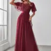 Elegant Evening Dresses Sequin Print Maxi Long with Cap Sleeve A-LINE 2024 Ever Pretty of Burgundy Gauze Prom Dresses Of Women