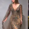 2024 Crystal Mermaid Lace Tulle Beads Evening Dresses With Long Cape Luxury Beaded Champagne Long Prom Gowns Modest Party Dress