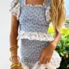 Boho Inspired Blue floral print dress women smocked sexy women party dress ruffled sleeve summer dress women sweat ladies dress