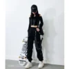 Black Cargo Pants Women Korean Fashion Streetwear Casual Loose Elastic Waist Pants Sweatpants Overalls Hip-hop Straight Autumn - Image 5