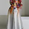 Vintage Cotton Linen Dresses Women Summer Elegant Lapel Oil Painting Button Midi Dress Vestidos Streetwear Party Vestido