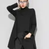 [EAM] Women Black Irregular Hem Back Long Casual T-shirt New Turtleneck Long Sleeve Fashion Tide Spring Autumn 2024