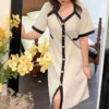 Korean Short Sleeve Basic Midi Dress Elegant V-Neck Women's Clothing Solid Color Spliced Summer Commute Single-breasted Dresses - Image 3