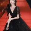 Ofallsis Black V neck Banquet Evening Dress 2024 Autumn New Style Temperament Elegant Star Sky Celebrity Long Party Dresses