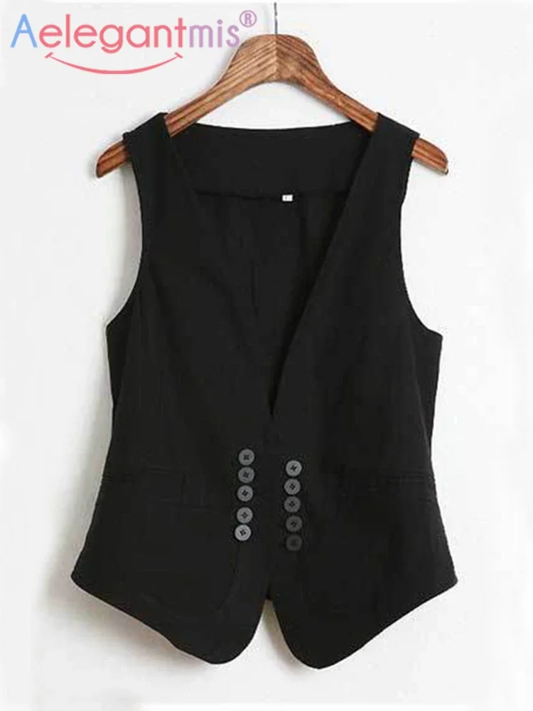 Aelegantmis Y2K Business Slim Women Vest Office Work Casual Waistcoat Black Coat Formal Uniforms