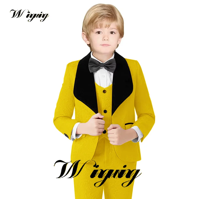 Yellow Floral Pattern Boys 3 Piece Suit Jacket Vest Pants Bow Tie Wedding Kids Tuxedo Formal Party Clothes Teen Blazer