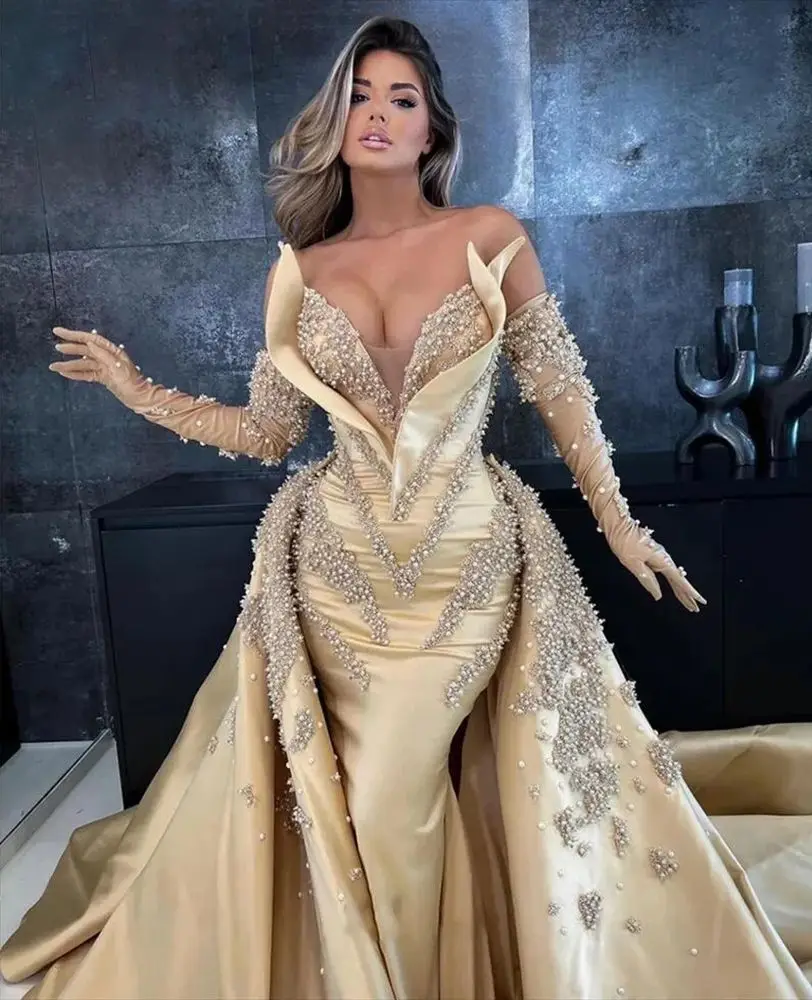 Dubai Pearls Beaded Evening Dress with Tail length Mermaid Wedding Party Gown Arabic Woman Formal Robes