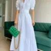 New 2024 Women's Summer Short Sleeve Club Party Dresses White High Waist Gowns Button Design Female Luxury Long Dress Vestidos