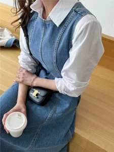 Denim Summer Sleeveless Vests Dress Women Slim Casual Fashion Ruffle Ladies Dresses Korean Style Pleated Woman Long A-Line Dress - Image 5