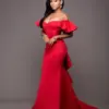 2024 New Red Saudi Evening Dresses For Women Off Shoulder Ruched Short Sleeves Prom Dress Satin Slim Mermaid Formal Party Dress