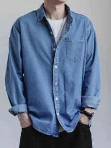 Denim Shirt Men's Spring Autumn Long Sleeve Button Blouse Korean Handsome Men Hip Hop Casual Handsome Blue Shirt Jacket - Image 5