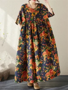 2024 Summer Cotton Short Sleeve Vintage Dresses For Women Casual Loose Long Dress Femme Robe Vestidos Elegant Fashion Clothing - Image 3