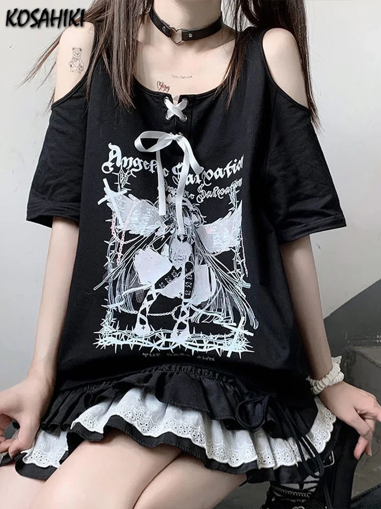 KOSAHIKI Harajuku Cartoon Print Kawaii T-shirt Women Off Shoulder Graphic T Shirts Fairy Grunge Y2k Aesthetic Tee Gothic