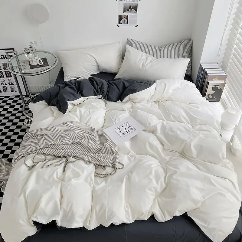 Bedding Set Queen King Size Home Textile Solid Color Duvet Cover Pillow Case Bed Sheet Bedroom Set AB Side Quilt Cover Bed Linen