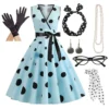 Women's Rockabilly Dress Polka Dots Swing Flare Dress with Accessories Set Earrings Necklace Headband Glasses Gloves Dress - Image 2