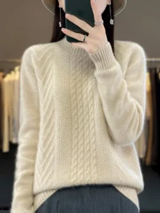 Women Sweater For Winter 100% Merino Wool Mock Neck Thick Warm Pullover Twist Flower Long Sleeve Cashmere Knit Korean Fashion - Image 6