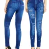 CUHAKCI Casual Women Hole Imitation Denim Legging Fitness Stretchy Yoga Pencil Pant High Waist Sexy Slim Fit Faux Jeans Dropship